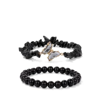 Black Butterfly Charms Healing Stone Layered Bracelet