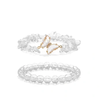 Clear Quartz Butterfly Charms Healing Stone Layered Bracelet