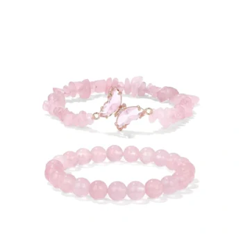 Pink Butterfly Charms Healing Stone Layered Bracelet