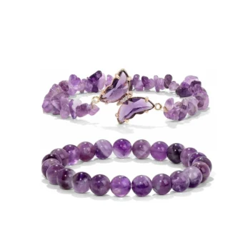 Women Amethyst Butterfly Charms Healing Stone Layered Bracelet