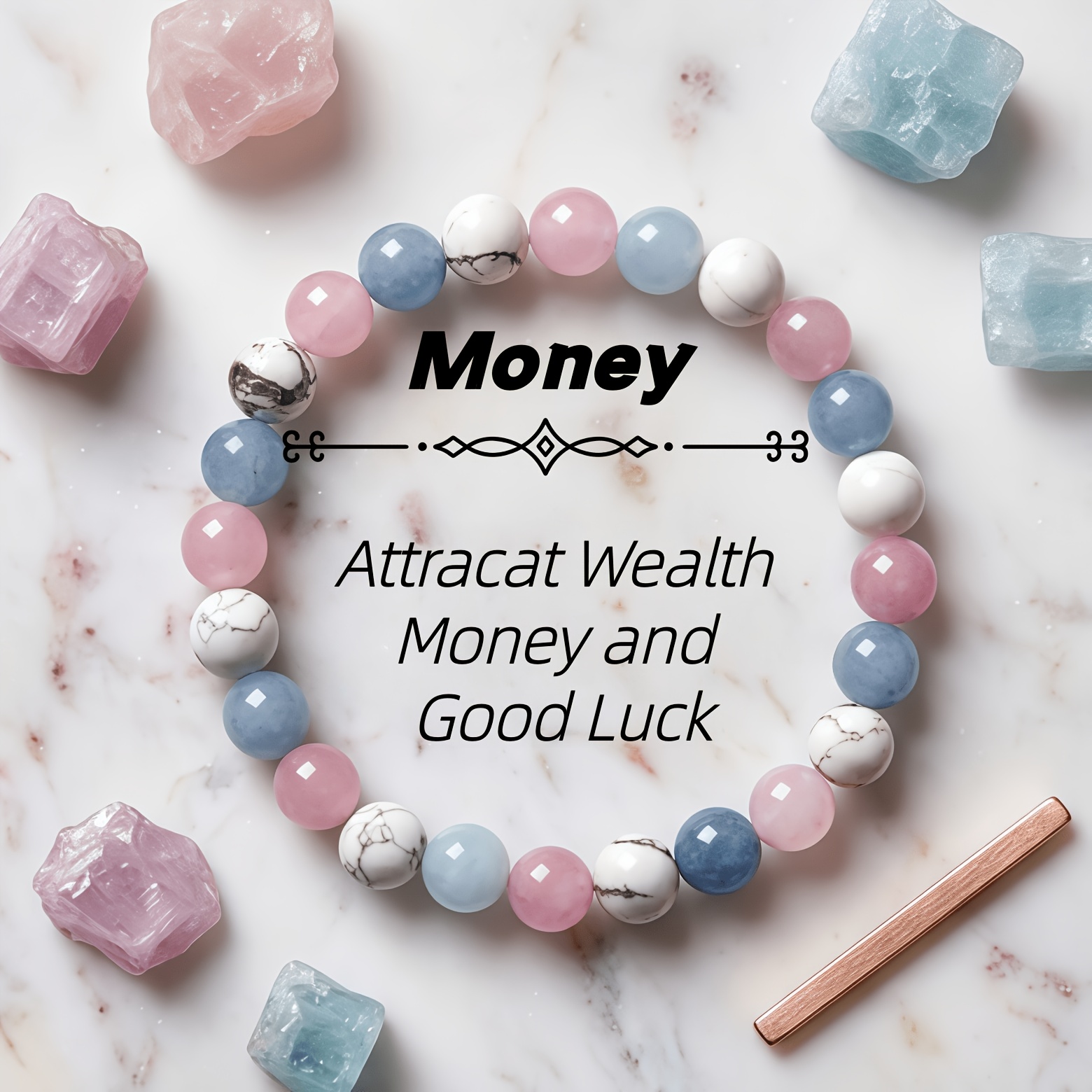"Multi-Treasure" Emotional Balance Crystal Bracelet – Rose Quartz, Aquamarine & White Turquoise Crystal Jewelry
