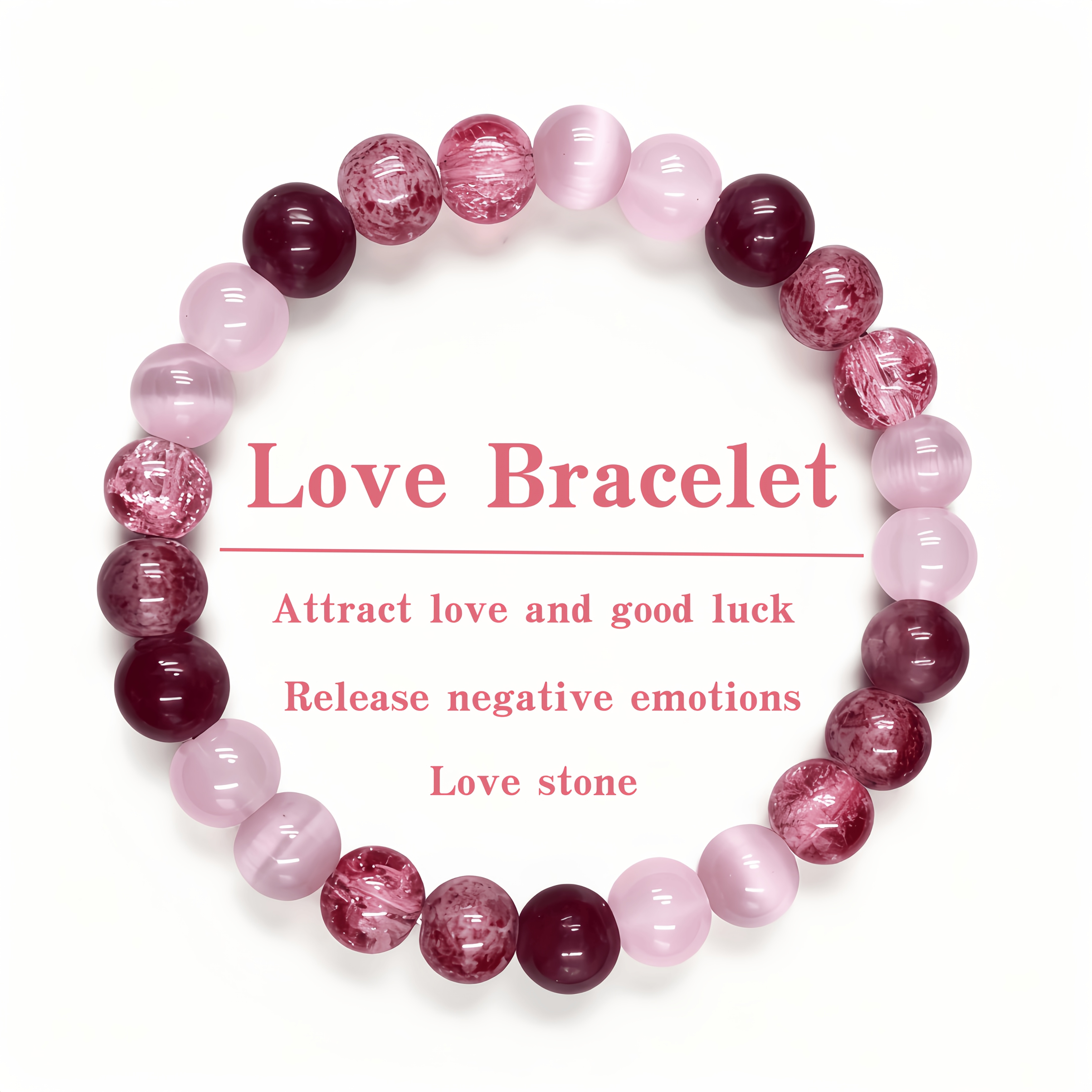 Heart Healing Crystal Bracelet – Pink Strawberry Quartz & Garnet Cat's Eye - Image 3