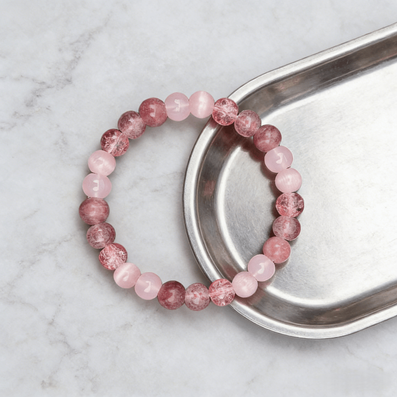 Heart Healing Crystal Bracelet – Pink Strawberry Quartz & Garnet Cat's Eye - Image 5