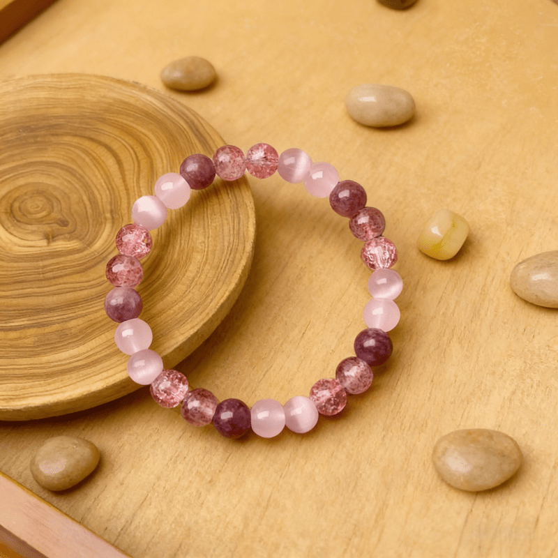Heart Healing Crystal Bracelet – Pink Strawberry Quartz & Garnet Cat's Eye - Image 2