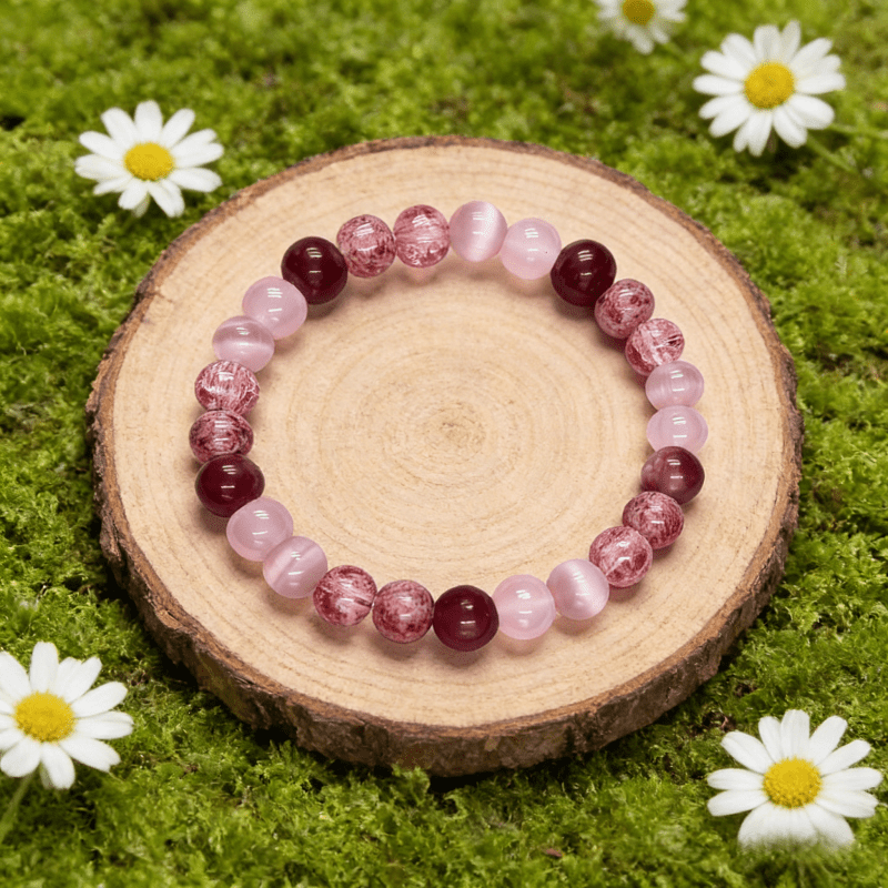 Heart Healing Crystal Bracelet – Pink Strawberry Quartz & Garnet Cat's Eye - Image 7