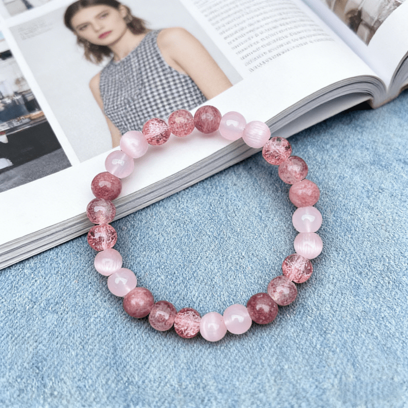 Heart Healing Crystal Bracelet – Pink Strawberry Quartz & Garnet Cat's Eye - Image 6