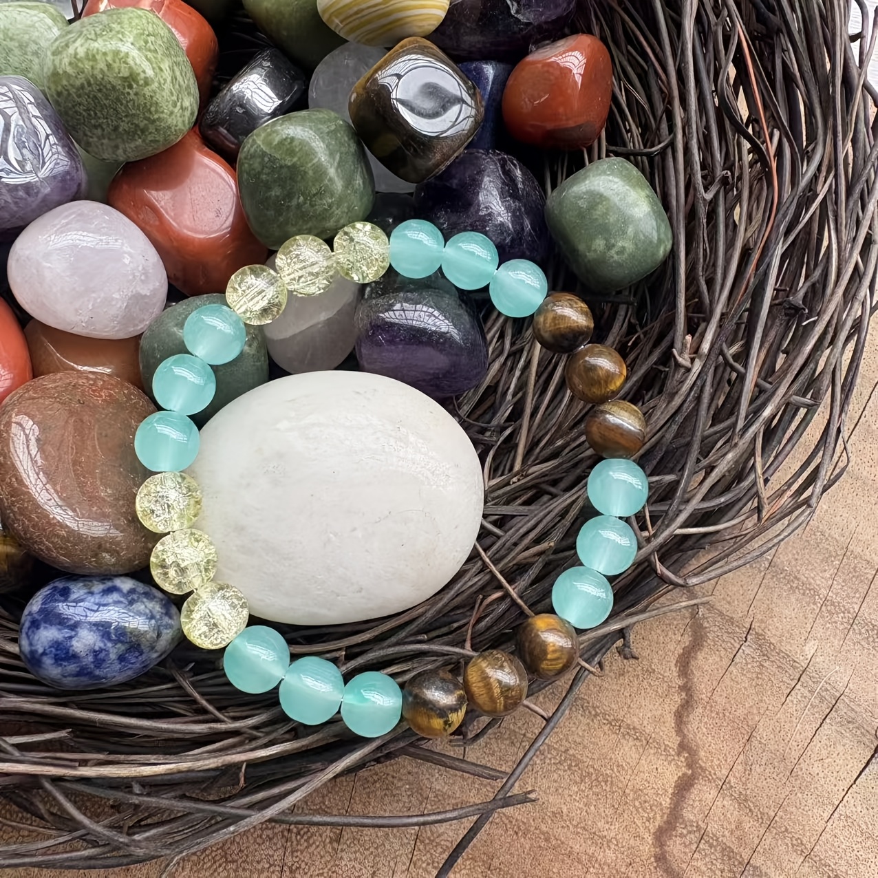 Natural Tiger's Eye and Green Treasure Beaded Crystal Bracelet - Image 4