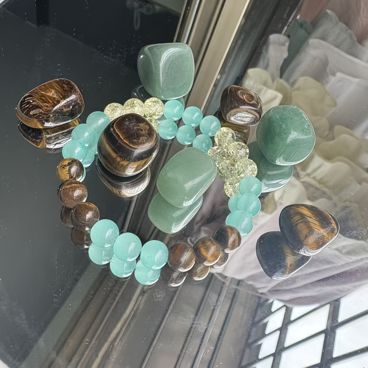 Natural Tiger's Eye and Green Treasure Beaded Crystal Bracelet - Image 3