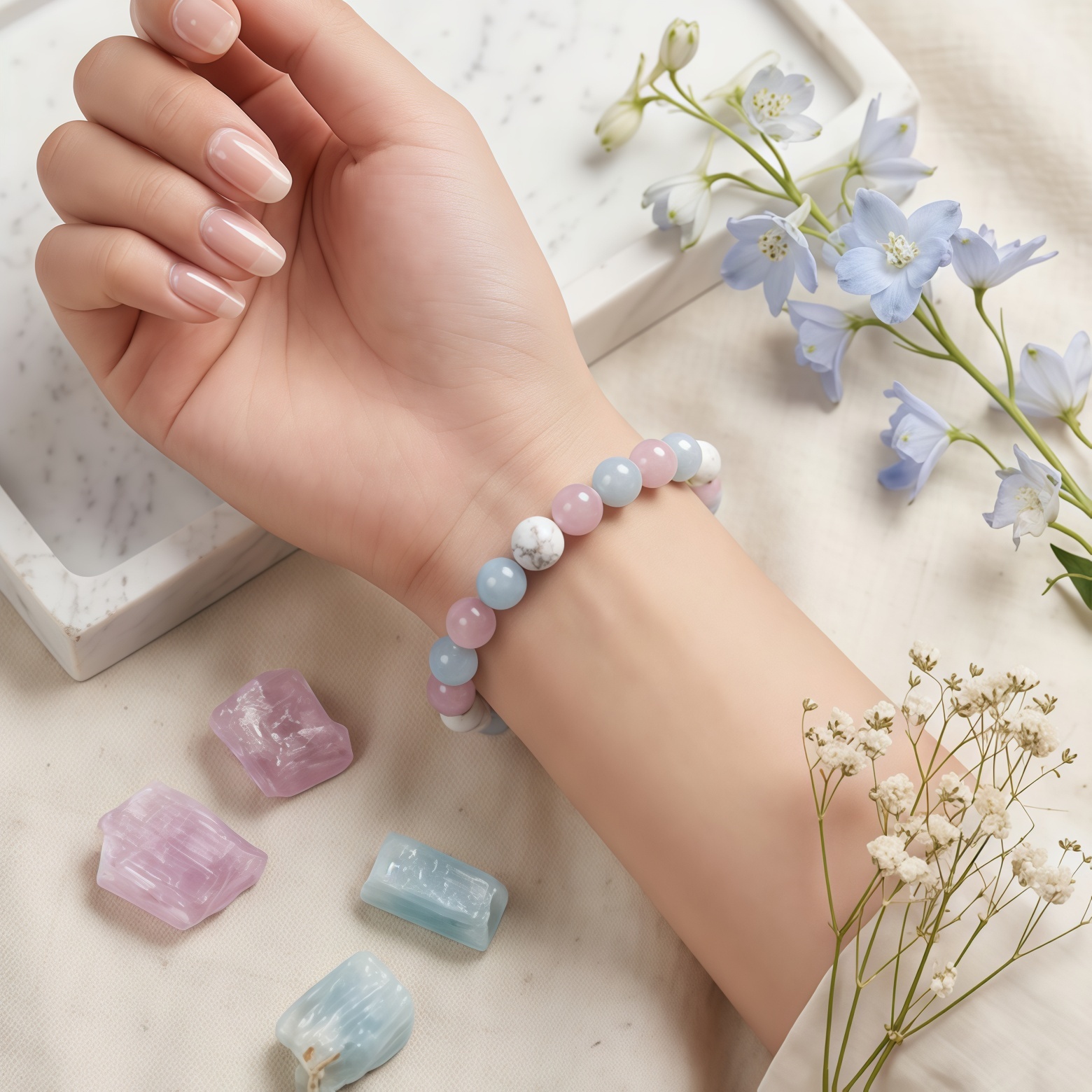"Multi-Treasure" Emotional Balance Crystal Bracelet – Rose Quartz, Aquamarine & White Turquoise Crystal Jewelry - Image 3