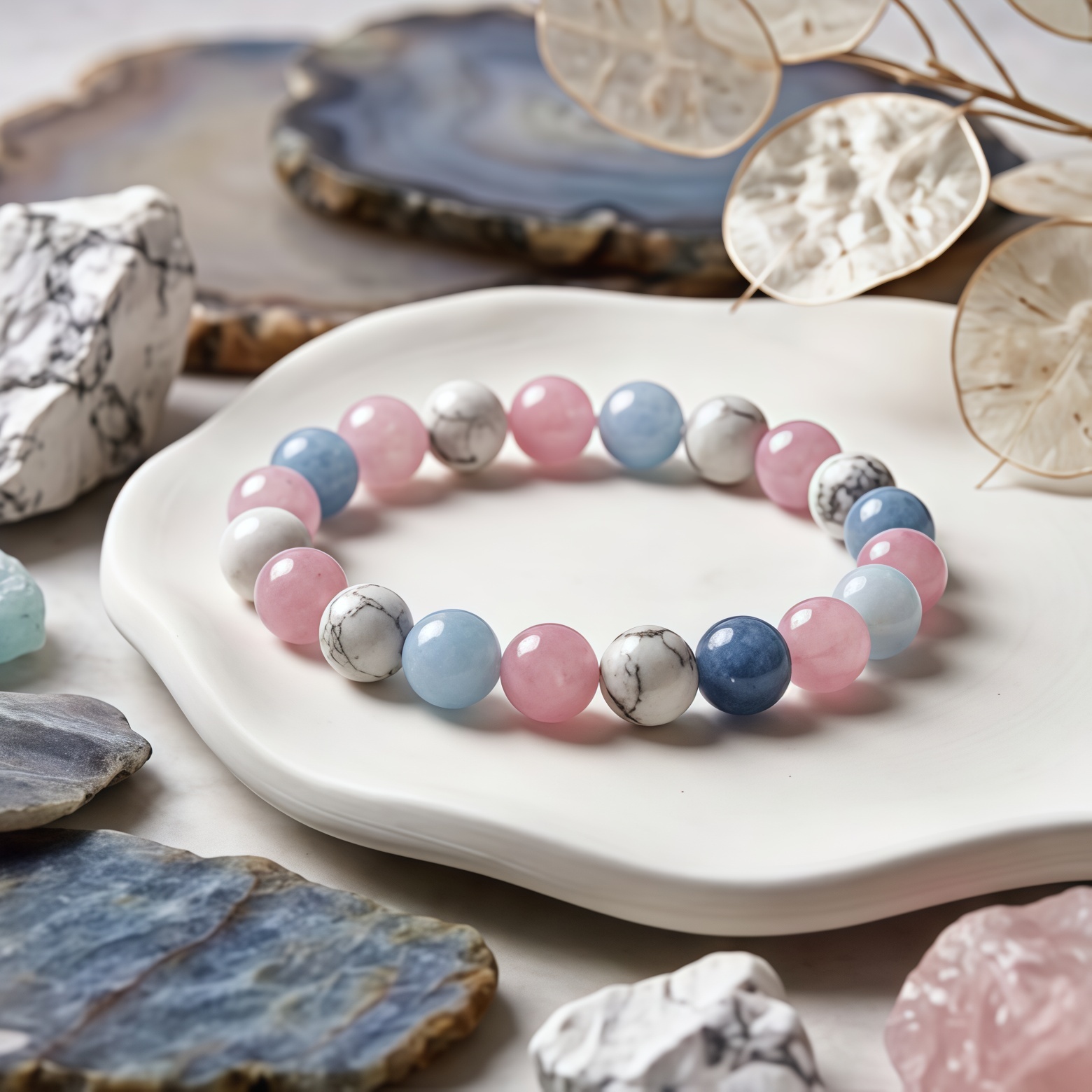 "Multi-Treasure" Emotional Balance Crystal Bracelet – Rose Quartz, Aquamarine & White Turquoise Crystal Jewelry - Image 2