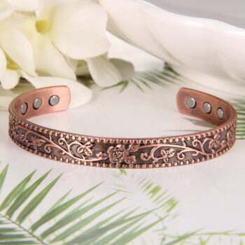 Vintage Floral Engraved Copper Magnetic Bracelet for Men & Women – Adjustable Pure Copper Open Cuff
