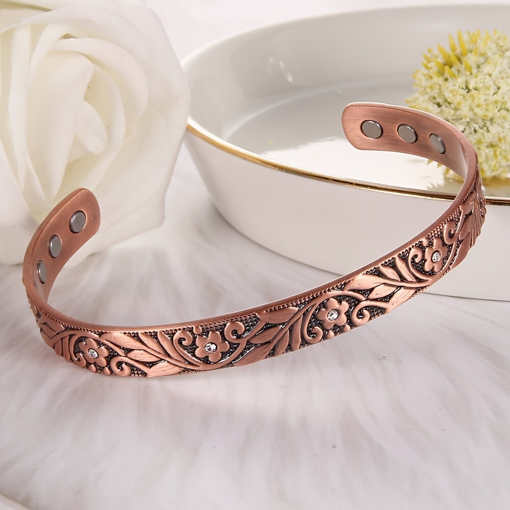 Women's Copper Magnetic Bracelet – Vintage Floral Engraved Adjustable Pure Copper Cuff Bangle, Elegant Open Bracelet Gift for Her - Image 4