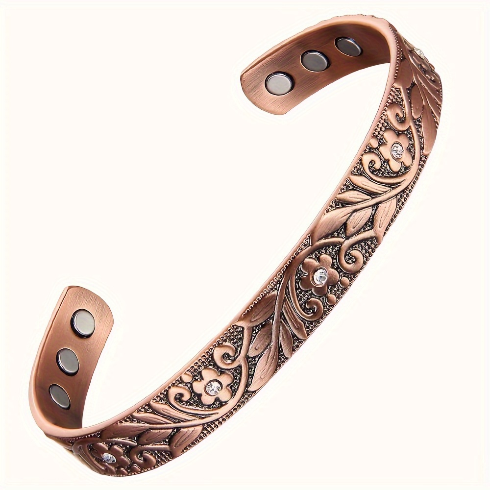 Women's Copper Magnetic Bracelet – Vintage Floral Engraved Adjustable Pure Copper Cuff Bangle, Elegant Open Bracelet Gift for Her