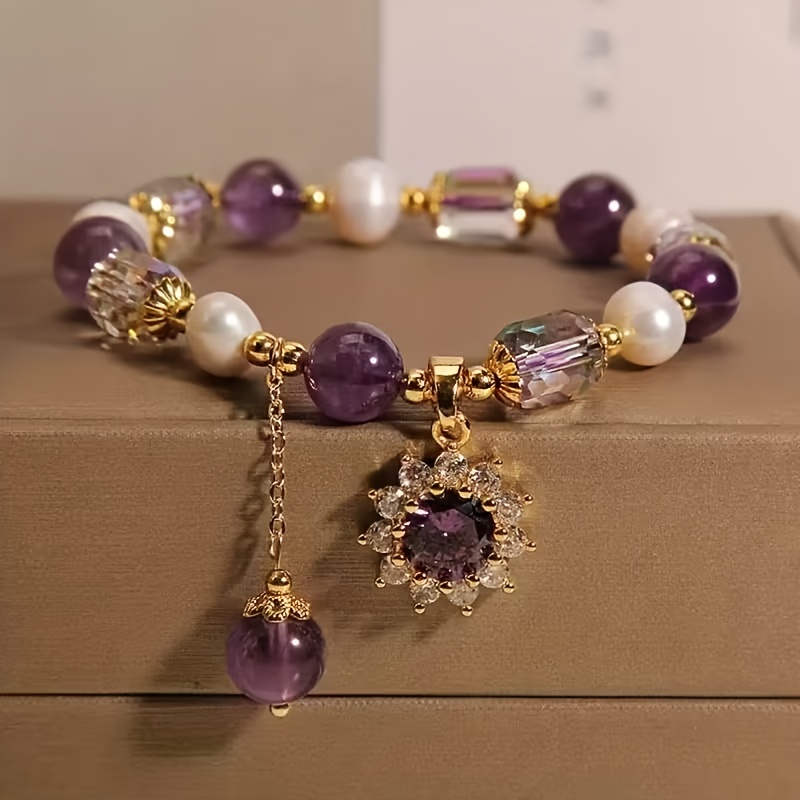 Natural Amethyst Crystal Charm Bracelet for Women – Purple Gemstone with Cubic Zirconia Pendant - Image 6