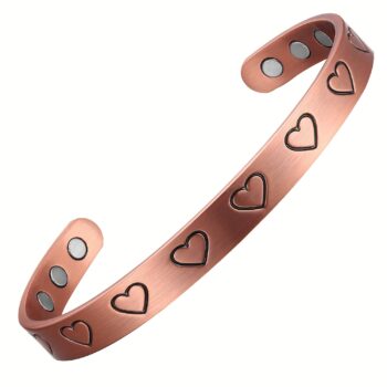 Women's Copper Magnetic Heart Bracelet – Adjustable Pure Copper Cuff Bangle, Heart Engraved Open Bracelet Gift for Her