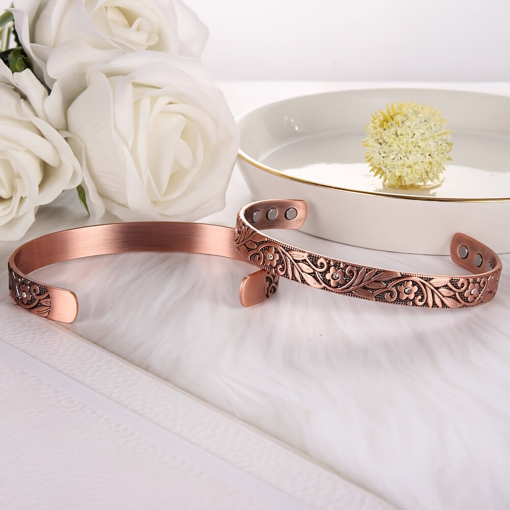 Women's Copper Magnetic Bracelet – Vintage Floral Engraved Adjustable Pure Copper Cuff Bangle, Elegant Open Bracelet Gift for Her - Image 2