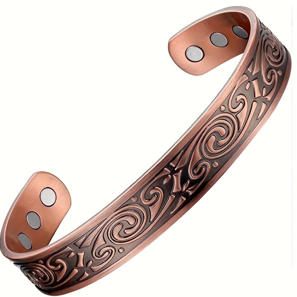 Vintage Viking Copper Magnetic Bracelet for Men – Adjustable Open Cuff with Nordic Engraved Pattern