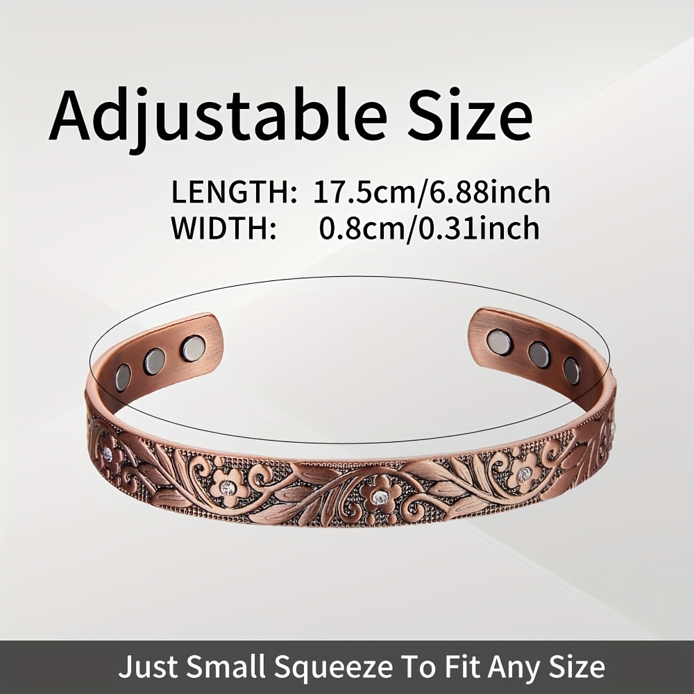 Women's Copper Magnetic Bracelet – Vintage Floral Engraved Adjustable Pure Copper Cuff Bangle, Elegant Open Bracelet Gift for Her - Image 3