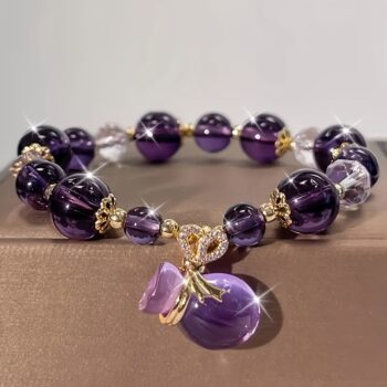 Natural Amethyst Crystal Bead Bracelet for Women – Lucky Purple Gemstone Stretch Bracelet with Gold Charm
