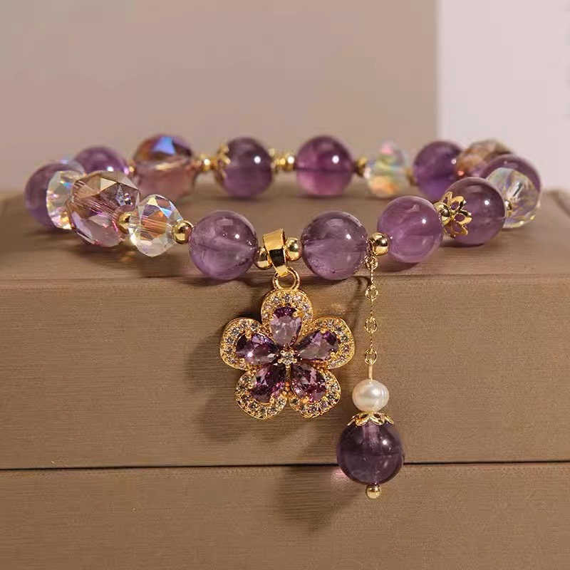 Natural Amethyst Crystal Flower Charm Bracelet for Women – Handmade Purple Gemstone - Image 3