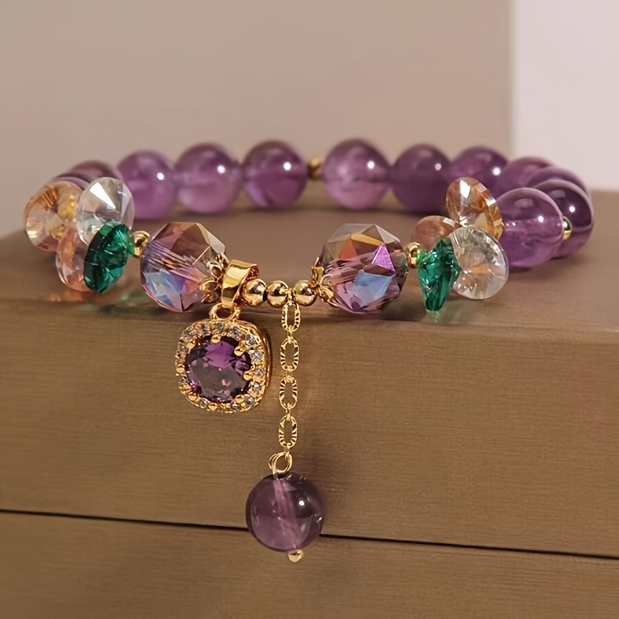 Natural Amethyst Crystal Charm Bracelet for Women – Purple Gemstone with Cubic Zirconia Pendant - Image 4