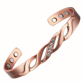 Elegant Twisted Copper Magnetic Bracelet for Women – Adjustable Pure Copper Open Cuff with Crystal Detail