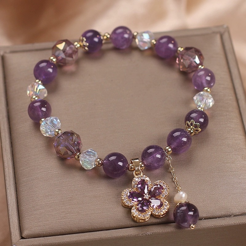 Natural Amethyst Crystal Flower Charm Bracelet for Women – Handmade Purple Gemstone