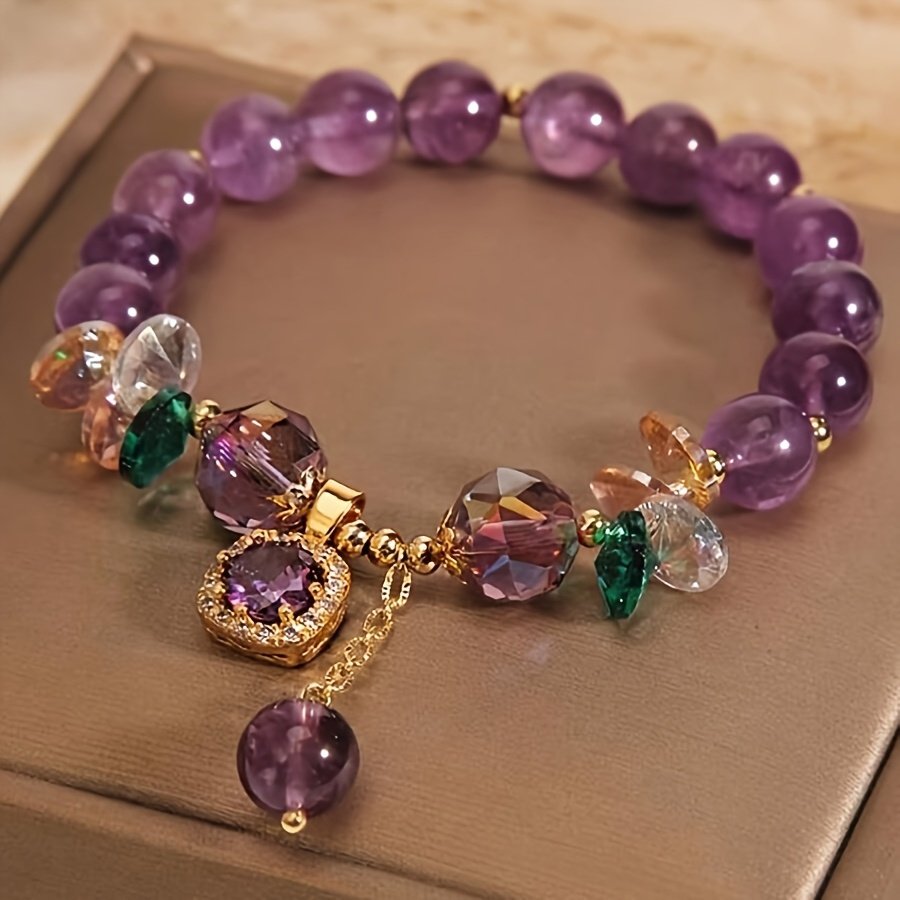 Natural Amethyst Crystal Charm Bracelet for Women – Purple Gemstone with Cubic Zirconia Pendant - Image 3