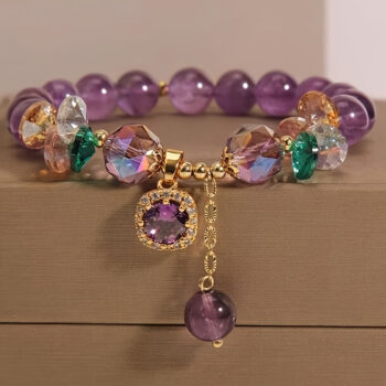 Natural Amethyst Crystal Charm Bracelet for Women – Purple Gemstone with Cubic Zirconia Pendant