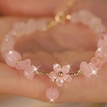 Cherry Blossom Pink Crystal Beaded Bracelet – Sakura Flower Charm, Feminine Gemstone Inspired Jewelry for Women